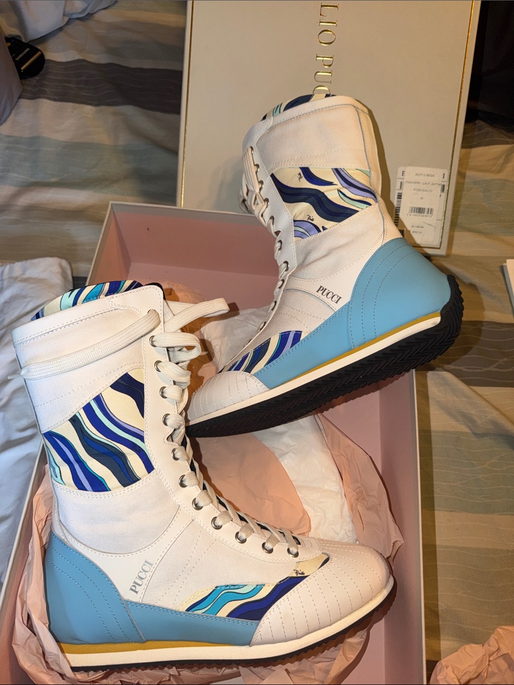 Emilio Pucci White Leather High-Top Sneakers with Blue Accents - Picture 3 of 6